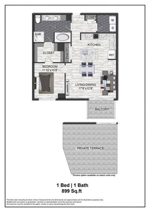 Floor plan for 1 bed, 1 bath, 899 sqft